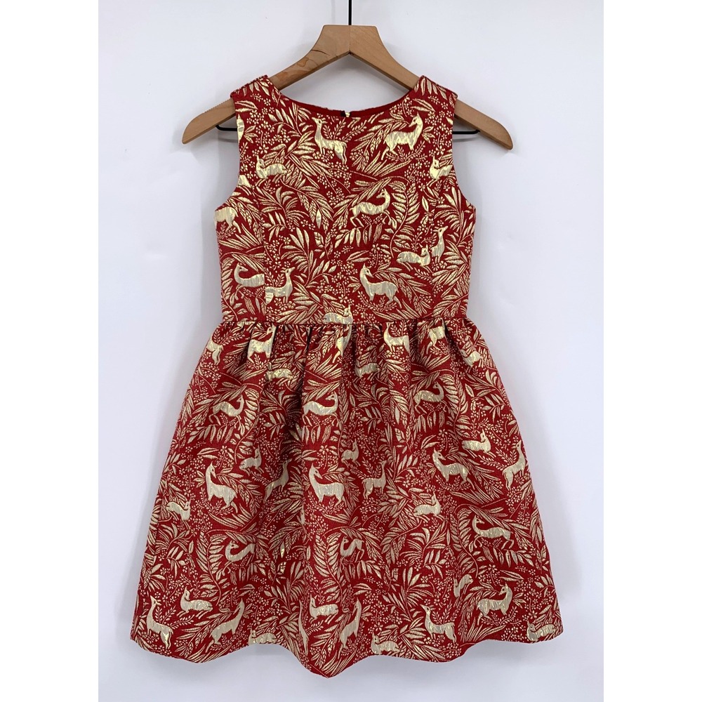J Crew Dress Girls 10 Red Gold Metallic Deer Brocade Christmas Holiday Crewcuts